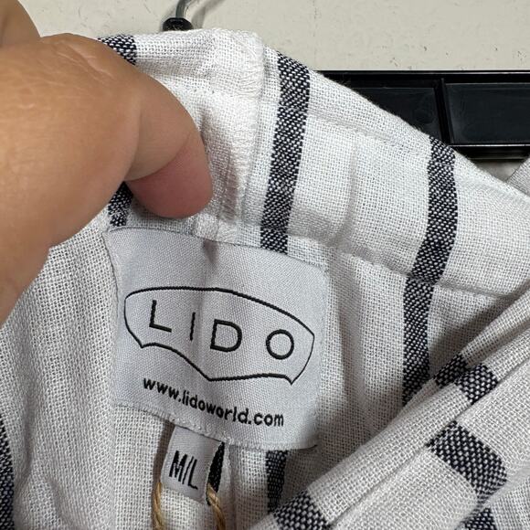 Lido World M/L Drawstring Stripe Paperbag Pants White Linen Straight Tie Waist - Picture 6 of 9